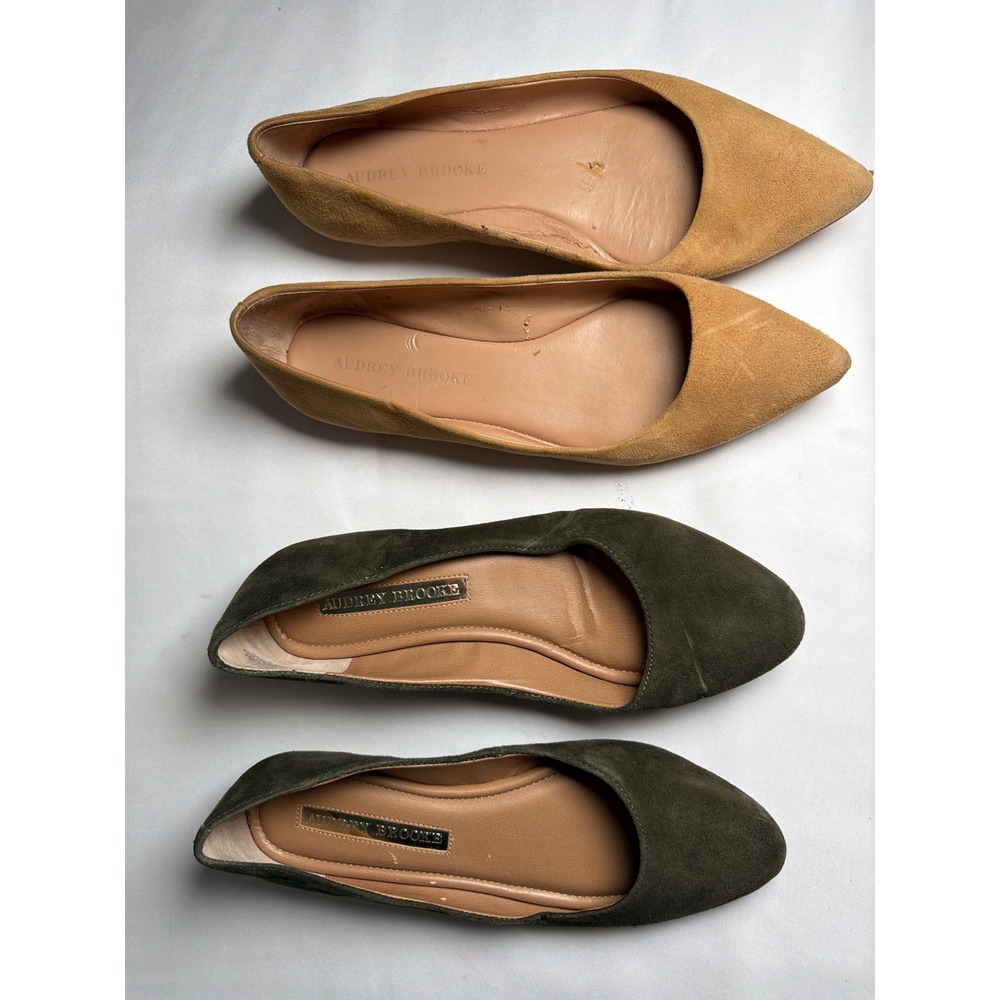 Suede Audrey Brooke Pointed Toe Flats Women 7 Green Tan Good Bundle